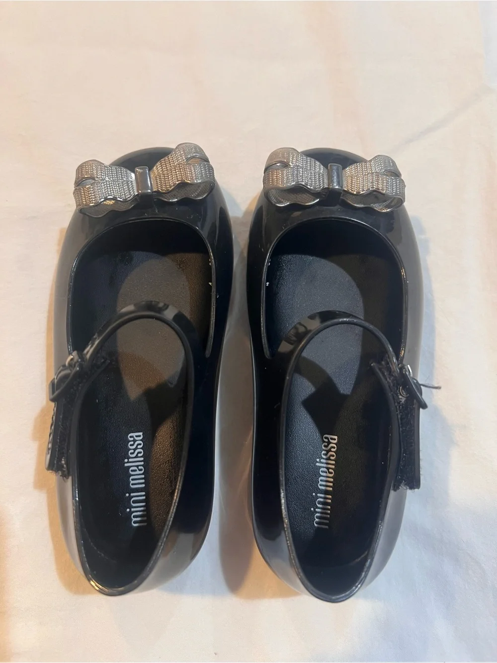 Mini Melissa Black Jelly Mary Jane Shoes with Silver Bow